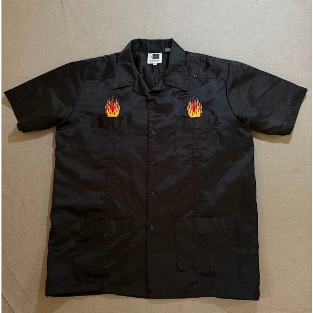 Vintage Dragonfly Flame Embroidered Button Down Short Sleeve Camp Shirt XL Black
